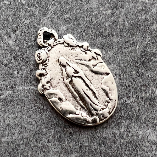 Load image into Gallery viewer, Mary Medal, Our Lady of Lourdes Bow, Silver Flower Ribbon Pendant, Religious Charm, SL-6248
