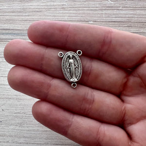 Oval Mary Centerpiece, Rosary Connector, Catholic Necklace, Vintage Rosary Parts, Antiqued Silver Charm, SL-6239