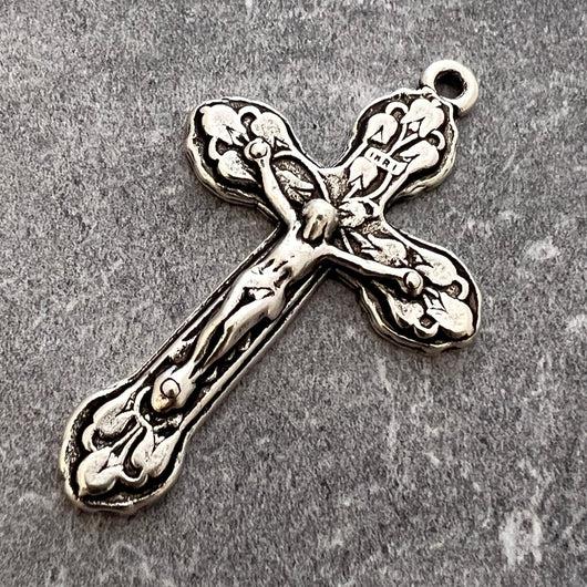 Large Crucifix, Large Cross Pendant, Silver Crucifix, Silver Rosary Parts, Floral Cross, Catholic Jewelry Supply, Religious Jewelry, SL-6036