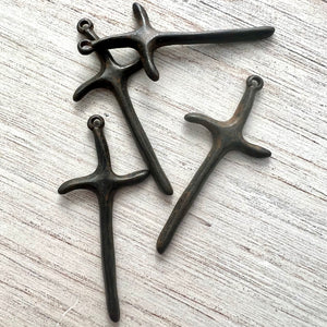 Wavy Tall Skinny Cross Pendant Charm, Rustic Brown Cross for Jewelry Making Supplies, BR-6249