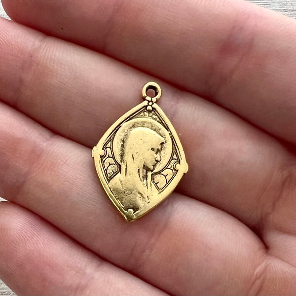 Load image into Gallery viewer, Mary Medal, Our Lady of Lourdes, Diamond Shaped Catholic Necklace, Religious Charm, Gold French Charm, Christian Jewelry GL-6238
