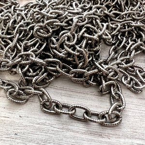 Textured Chunky Chain, Large Oval Cable Rectangle Links, Antiqued Pewter Bulk Chain By Foot, Necklace Bracelet, PW-2041