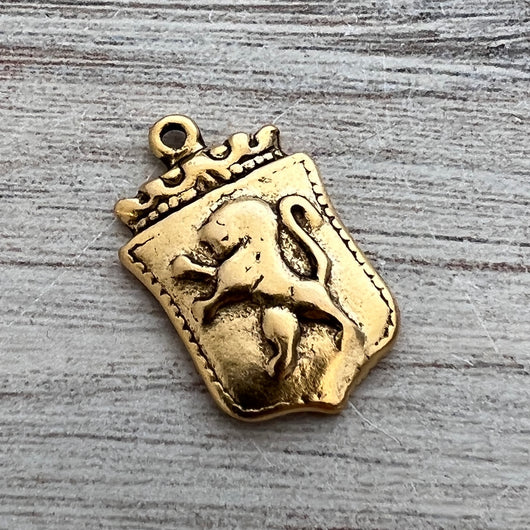 Lion Shield, Heraldry, Strength Talisman, Antiqued Gold Charm, Jewelry Making, GL-6230