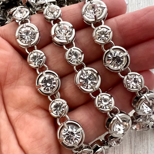 Large, Chunky Silver Crystal Rhinestone Chain Chain by the Foot, Jewelry Supplies, PW-2048