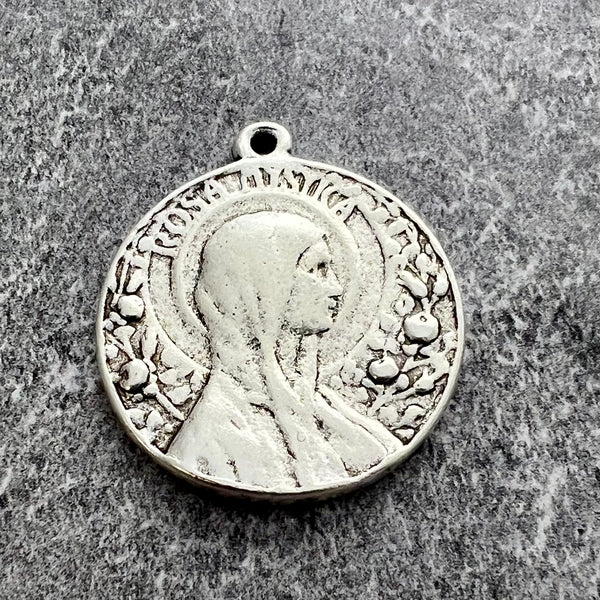 Load image into Gallery viewer, Rosa Mystica Mary Medal, Art Nouveau Medal, Antiqued Silver Religious Jewelry Making Charm Pendant, Catholic Jewelry, SL-6246

