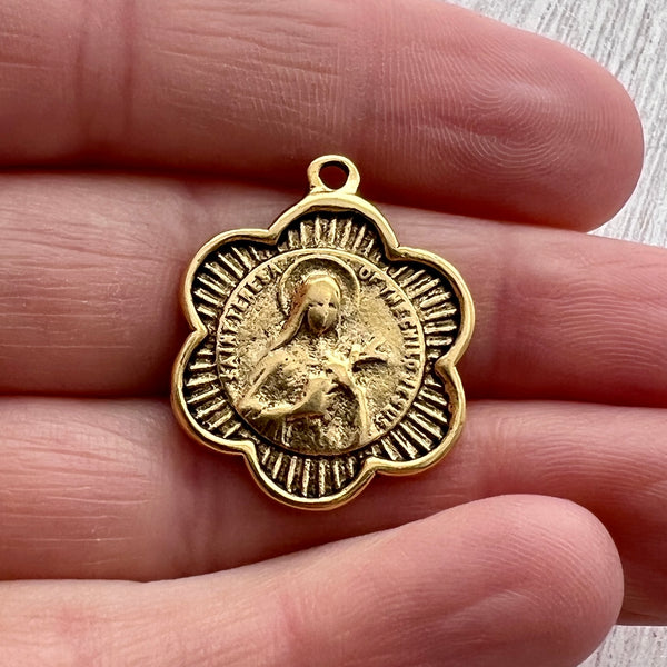 Load image into Gallery viewer, St. Teresa Catholic Vintage Medal, Religious Charm, St. Therese de Lisieux, Antiqued Gold, St. Theresa Jewelry, GL-6244
