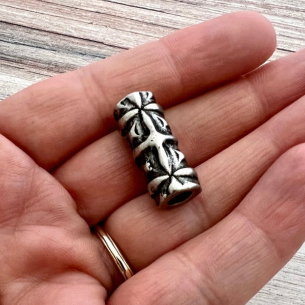 Load image into Gallery viewer, Long Hammered Organic Artisan Tube Bead with Textured Pattern, Large Silver Finding, Jewelry Components Supplies, PW-6231
