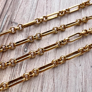 Gold Clip Chain, Alternating Long and Short Links, Chain by the Foot, Oval Cable, Jewelry Supplies, GL-2046