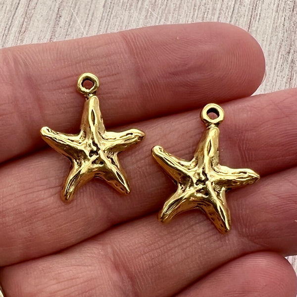Load image into Gallery viewer, 2 Starfish Charm, Simple Antiqued Gold Ocean Star, Carson&#39;s Cove, GL-6247
