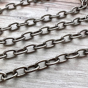 Textured Chunky Chain, Large Oval Cable Rectangle Links, Antiqued Pewter Bulk Chain By Foot, Necklace Bracelet, PW-2041