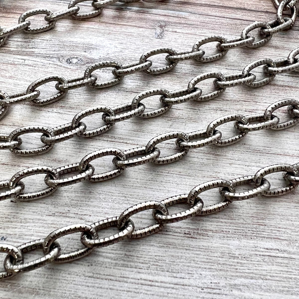 Load image into Gallery viewer, Textured Chunky Chain, Large Oval Cable Rectangle Links, Antiqued Pewter Bulk Chain By Foot, Necklace Bracelet, PW-2041

