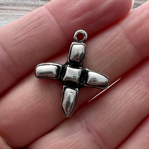 Artisan Geometric Cross Charm, Small Blocky Antiqued Silver Modern Pendant, PW-6253