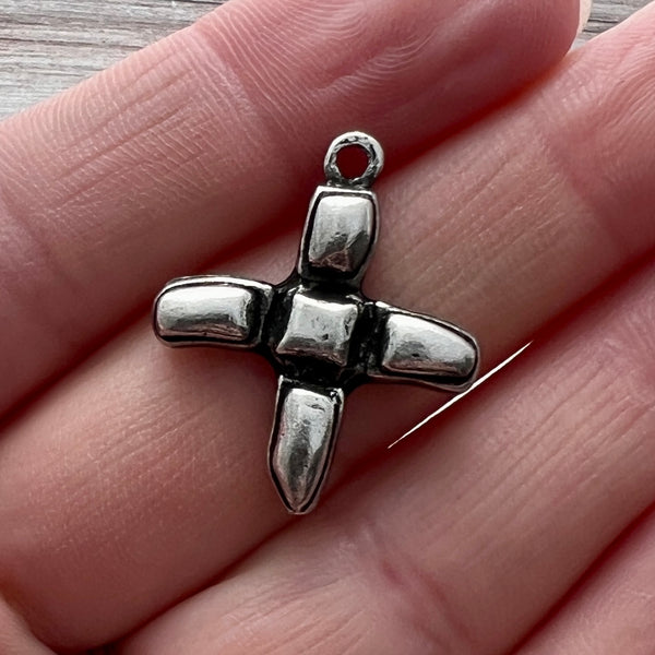 Load image into Gallery viewer, Artisan Geometric Cross Charm, Small Blocky Antiqued Silver Modern Pendant, PW-6253
