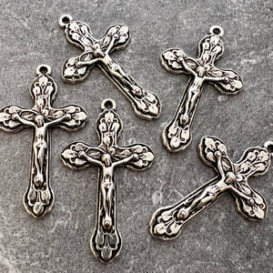 Large Crucifix, Large Cross Pendant, Silver Crucifix, Silver Rosary Parts, Floral Cross, Catholic Jewelry Supply, Religious Jewelry, SL-6036