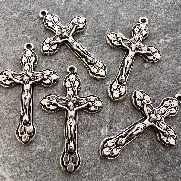 Load image into Gallery viewer, Large Crucifix, Large Cross Pendant, Silver Crucifix, Silver Rosary Parts, Floral Cross, Catholic Jewelry Supply, Religious Jewelry, SL-6036

