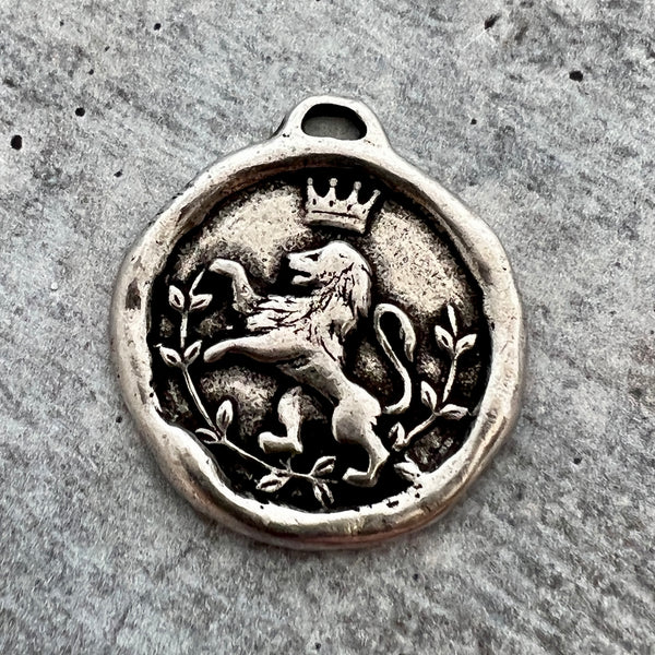 Load image into Gallery viewer, Large Soldered Lion Pendant, Royal Heraldry Charm, Artisan Jewelry Components Supplies, PW-6232
