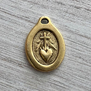 Gold Sacred Heart Pendant, Catholic Medal Pendant, Christian Jewelry Making, GL-6235