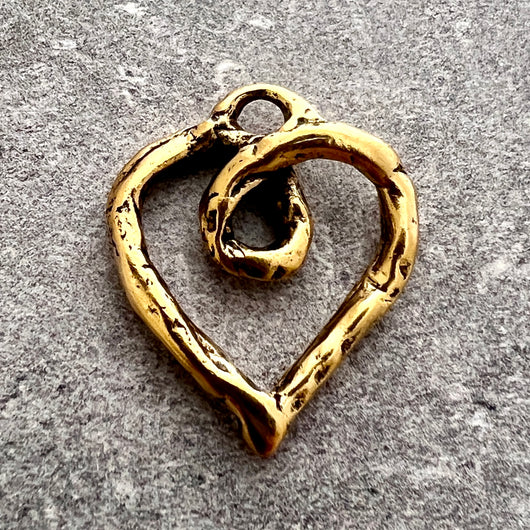 Artisan Heart Pendant, Antiqued Gold Open Loop Organic Heart, Whimsical Love Charm Pendant GL-6251