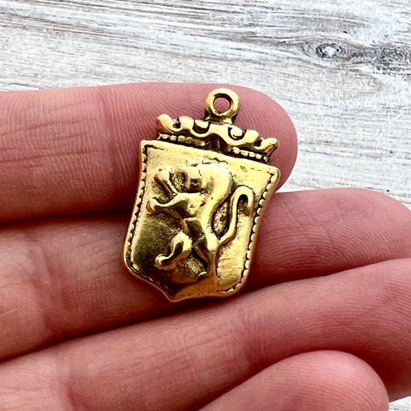 Load image into Gallery viewer, Lion Shield, Heraldry, Strength Talisman, Antiqued Gold Charm, Jewelry Making, GL-6230
