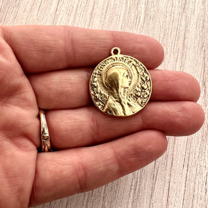 Rosa Mystica Mary Medal, Art Nouveau Medal, Antiqued Gold Religious Jewelry Making Charm Pendant, Catholic Jewelry, GL-6246