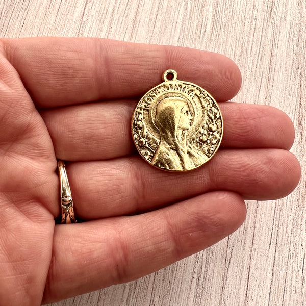 Load image into Gallery viewer, Rosa Mystica Mary Medal, Art Nouveau Medal, Antiqued Gold Religious Jewelry Making Charm Pendant, Catholic Jewelry, GL-6246
