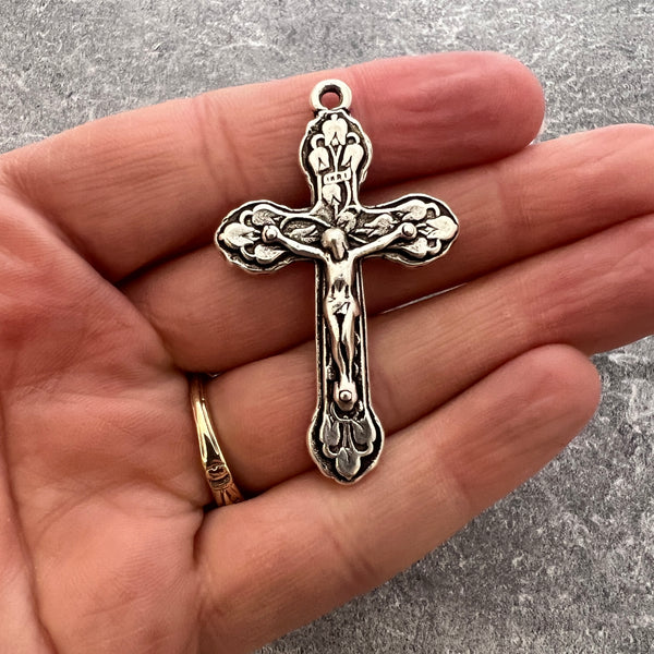 Load image into Gallery viewer, Large Crucifix, Large Cross Pendant, Silver Crucifix, Silver Rosary Parts, Floral Cross, Catholic Jewelry Supply, Religious Jewelry, SL-6036
