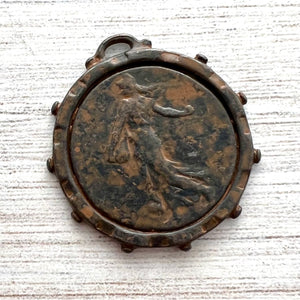 Large Old French Marianne the Sower, Dotted Coin Replica, Antiqued Brown Charm Pendant, Woman Lady Coin, Jewelry Supplies, BR-6240