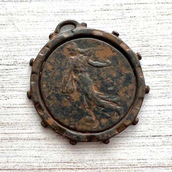 Load image into Gallery viewer, Large Old French Marianne the Sower, Dotted Coin Replica, Antiqued Brown Charm Pendant, Woman Lady Coin, Jewelry Supplies, BR-6240

