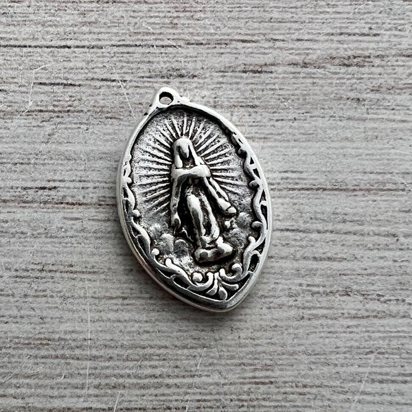 Load image into Gallery viewer, Mary Medal with Rays, Virgin Mary, Antiqued Silver Religious Jewelry Making Charm Pendant, Blessed Mother, Catholic Jewelry, SL-6255
