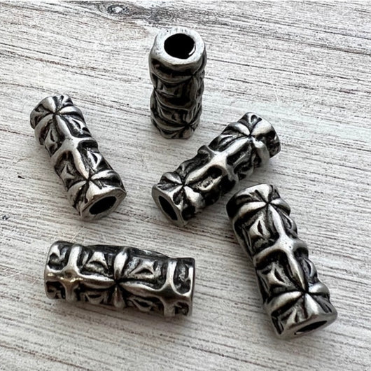 Long Hammered Organic Artisan Tube Bead with Textured Pattern, Large Silver Finding, Jewelry Components Supplies, PW-6231