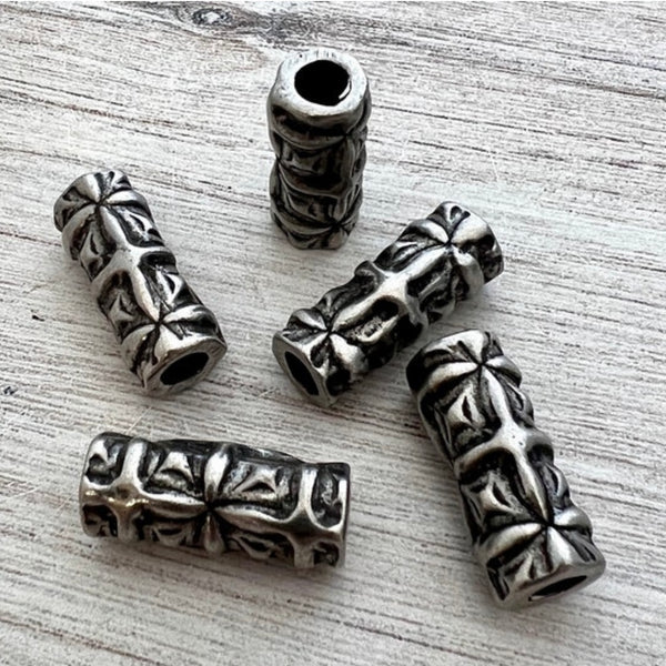 Load image into Gallery viewer, Long Hammered Organic Artisan Tube Bead with Textured Pattern, Large Silver Finding, Jewelry Components Supplies, PW-6231
