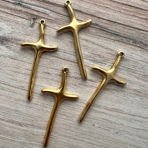 Wavy Tall Skinny Cross Charm, Gold Charm for Jewelry Making Supplies, GL-6249
