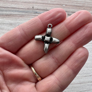 Artisan Geometric Cross Charm, Small Blocky Antiqued Silver Modern Pendant, PW-6253