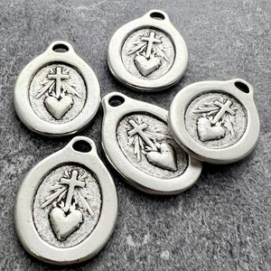Silver Sacred Heart Pendant, Catholic Medal Pendant, Christian Jewelry Making, SL-6235