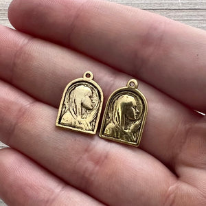 2 Arched Mary Medal, Catholic Religious Pendant, Blessed Mother, Antiqued Gold Jewelry Charm, GL-6237
