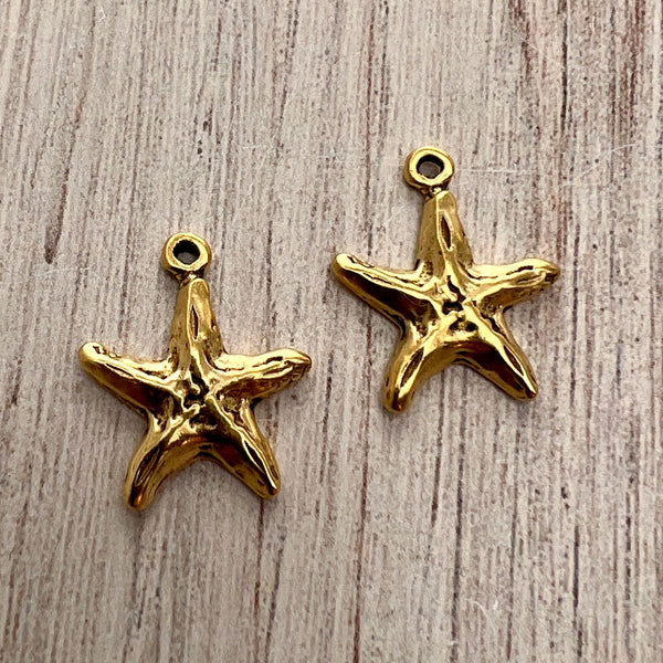 Load image into Gallery viewer, 2 Starfish Charm, Simple Antiqued Gold Ocean Star, Carson&#39;s Cove, GL-6247
