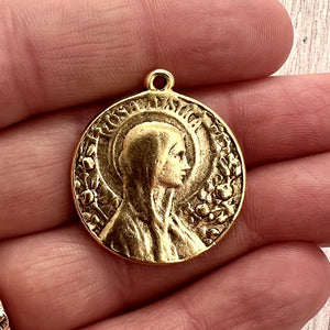 Rosa Mystica Mary Medal, Art Nouveau Medal, Antiqued Gold Religious Jewelry Making Charm Pendant, Catholic Jewelry, GL-6246