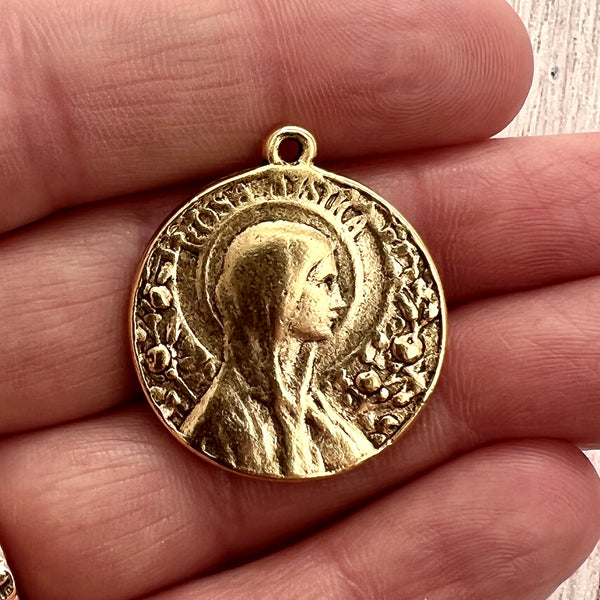 Load image into Gallery viewer, Rosa Mystica Mary Medal, Art Nouveau Medal, Antiqued Gold Religious Jewelry Making Charm Pendant, Catholic Jewelry, GL-6246
