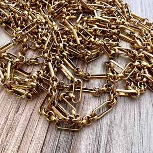 Gold Clip Chain, Alternating Long and Short Links, Chain by the Foot, Oval Cable, Jewelry Supplies, GL-2046