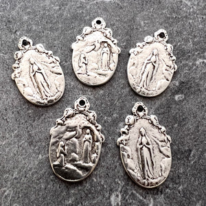 Mary Medal, Our Lady of Lourdes Bow, Silver Flower Ribbon Pendant, Religious Charm, SL-6248