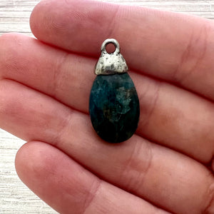 Apatite Pear Briolette, Gemstone Drop Pendant with Pewter Bead Cap, Jewelry Making Artisan Findings, PW-S036