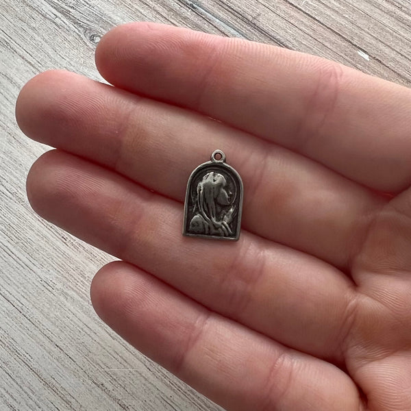 Load image into Gallery viewer, 2 Arched Mary Medal, Catholic Religious Pendant, Blessed Mother, Antiqued Silver Jewelry Charm, PW-6237

