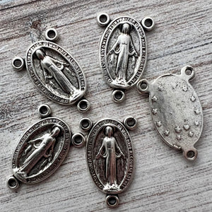 Oval Mary Centerpiece, Rosary Connector, Catholic Necklace, Vintage Rosary Parts, Antiqued Silver Charm, SL-6239