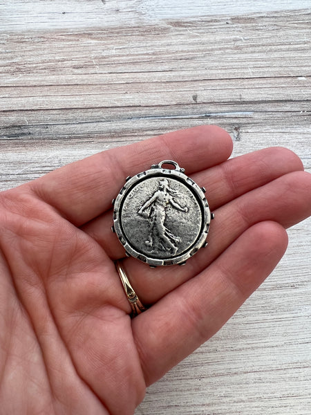 Load image into Gallery viewer, Large Old French Medal Large Old French Marianne the Sower, Dotted Coin Replica, Antiqued Silver Charm Pendant, Woman Lady Coin, Jewelry Supplies, PW-6240
