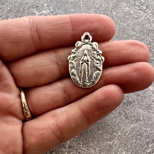 Mary Medal, Our Lady of Lourdes Bow, Silver Flower Ribbon Pendant, Religious Charm, SL-6248