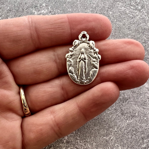Load image into Gallery viewer, Mary Medal, Our Lady of Lourdes Bow, Silver Flower Ribbon Pendant, Religious Charm, SL-6248
