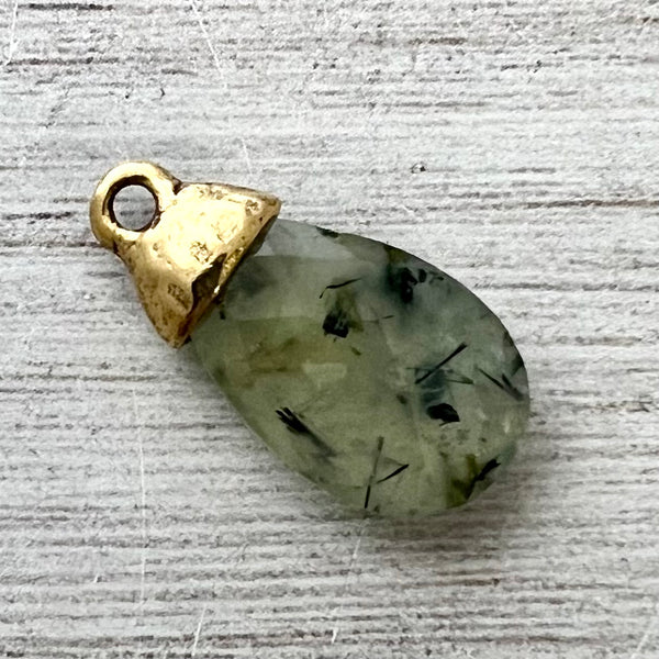 Load image into Gallery viewer, Prehnite Gemstone, Green Pear Briolette Drop Pendant with Gold Bead Cap, Jewelry Making Artisan Findings, GL-S037
