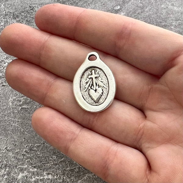 Load image into Gallery viewer, Silver Sacred Heart Pendant, Catholic Medal Pendant, Christian Jewelry Making, SL-6235
