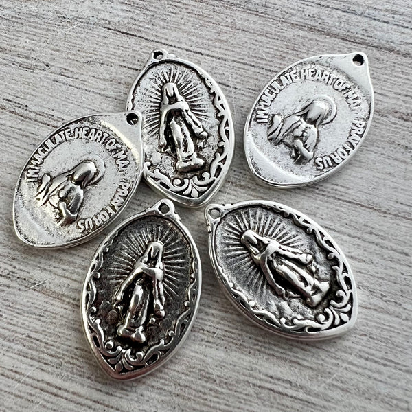 Load image into Gallery viewer, Mary Medal with Rays, Virgin Mary, Antiqued Silver Religious Jewelry Making Charm Pendant, Blessed Mother, Catholic Jewelry, SL-6255
