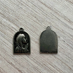 2 Arched Mary Medal, Catholic Religious Pendant, Blessed Mother, Antiqued Silver Jewelry Charm, PW-6237
